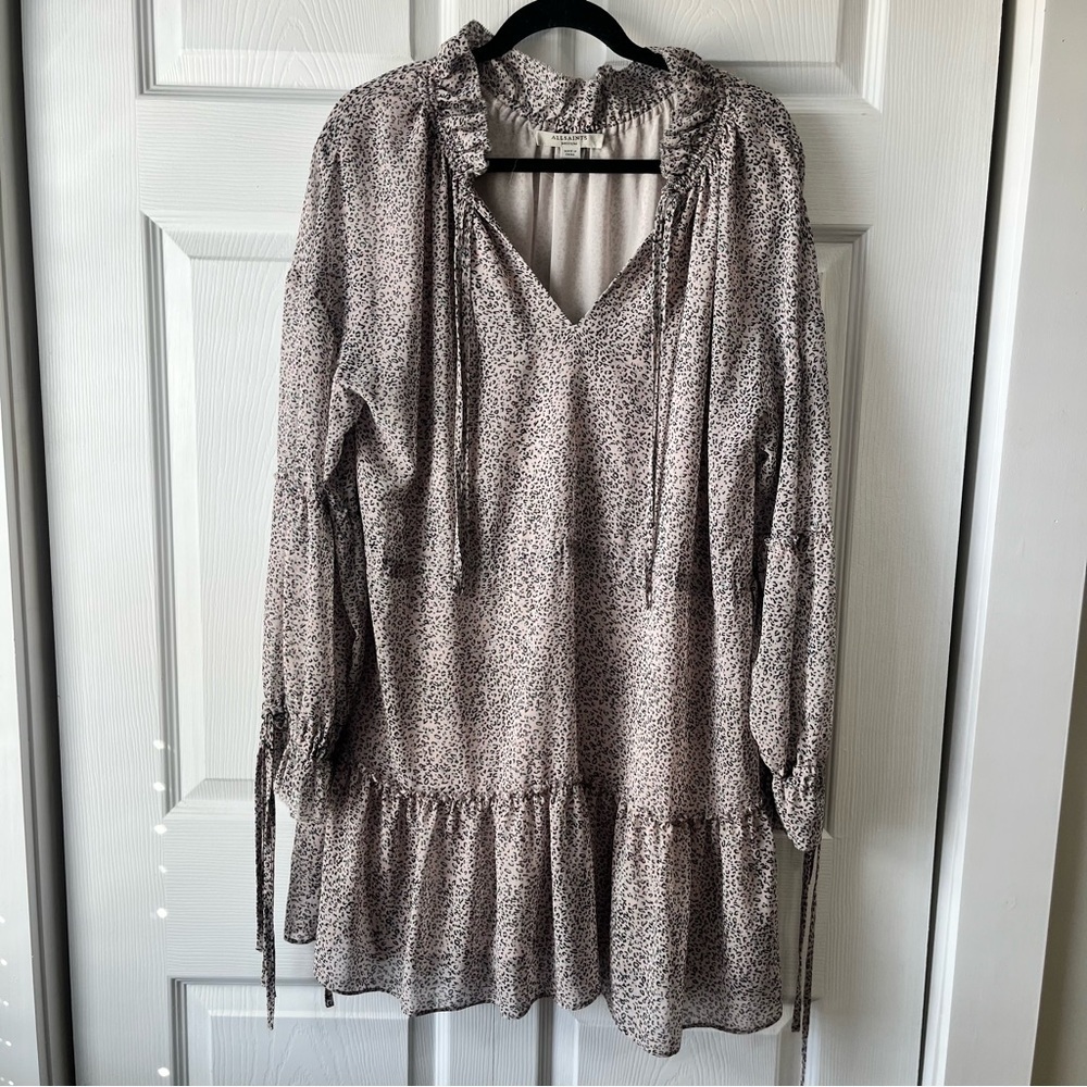 ALLSAINTS Dress Ivory Long Sleeve ADARA Tiered Leo Dot Size Medium